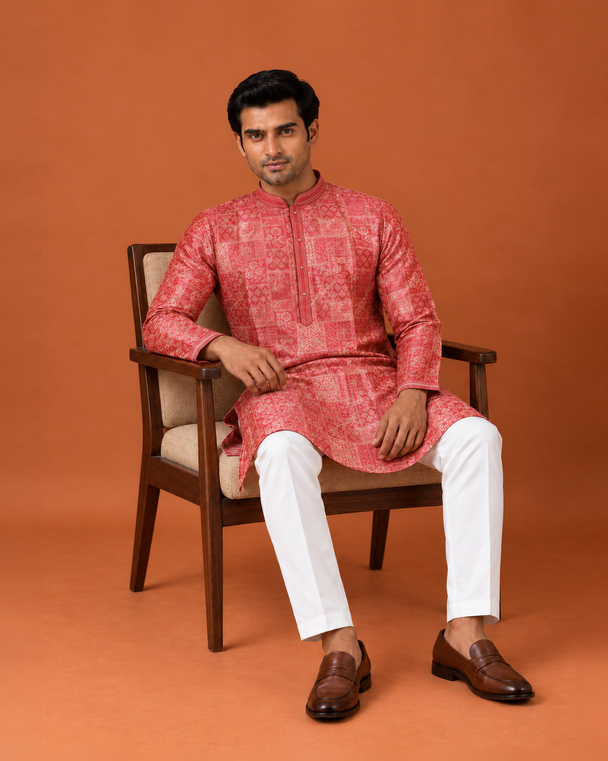 Dark Peach Silk Printed Kurta with White Pants