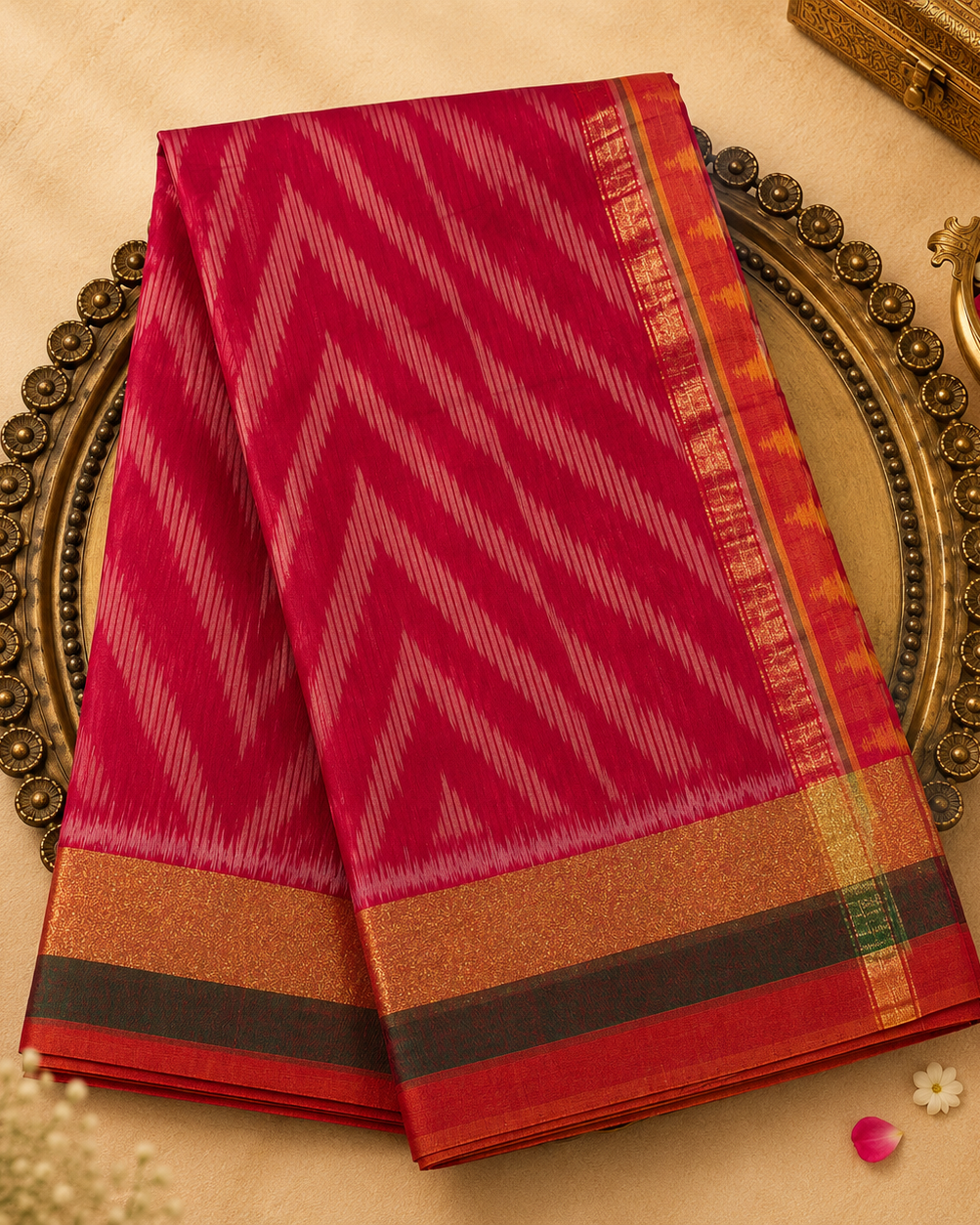 Pinkish Red Pure Ikat Handloom Cotton Silk Saree with Multicolour Border