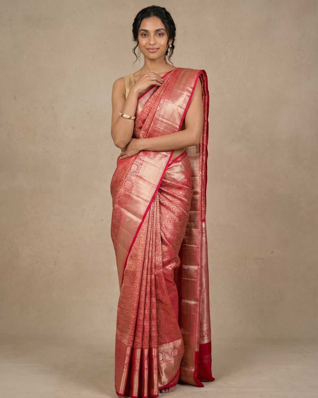 Orangish & Red Pure Kanjeevaram Silk Saree with Gold Brocade - detail