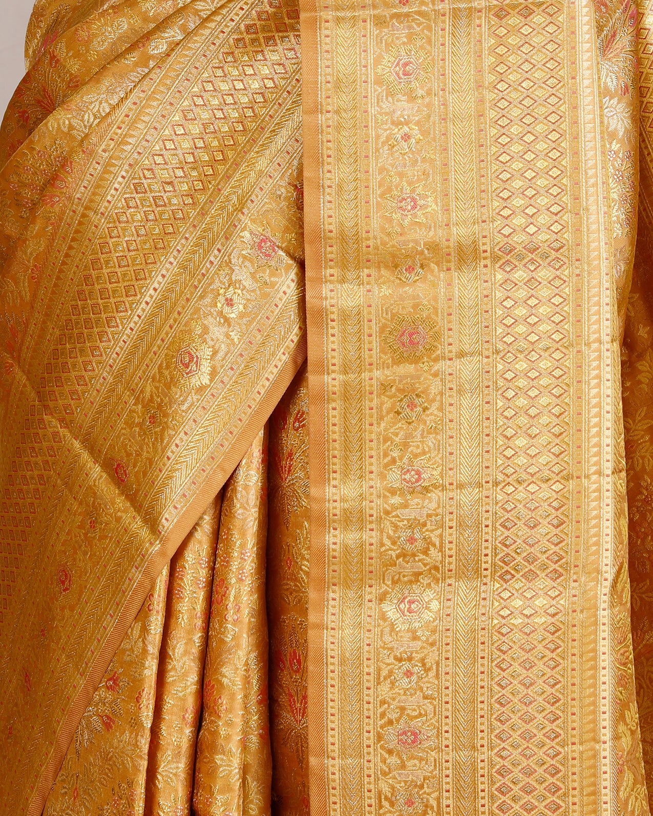 Bright Reddish Orange Pure Kanjeevaram Silk Saree with Gold & Silver Vertical Weave
