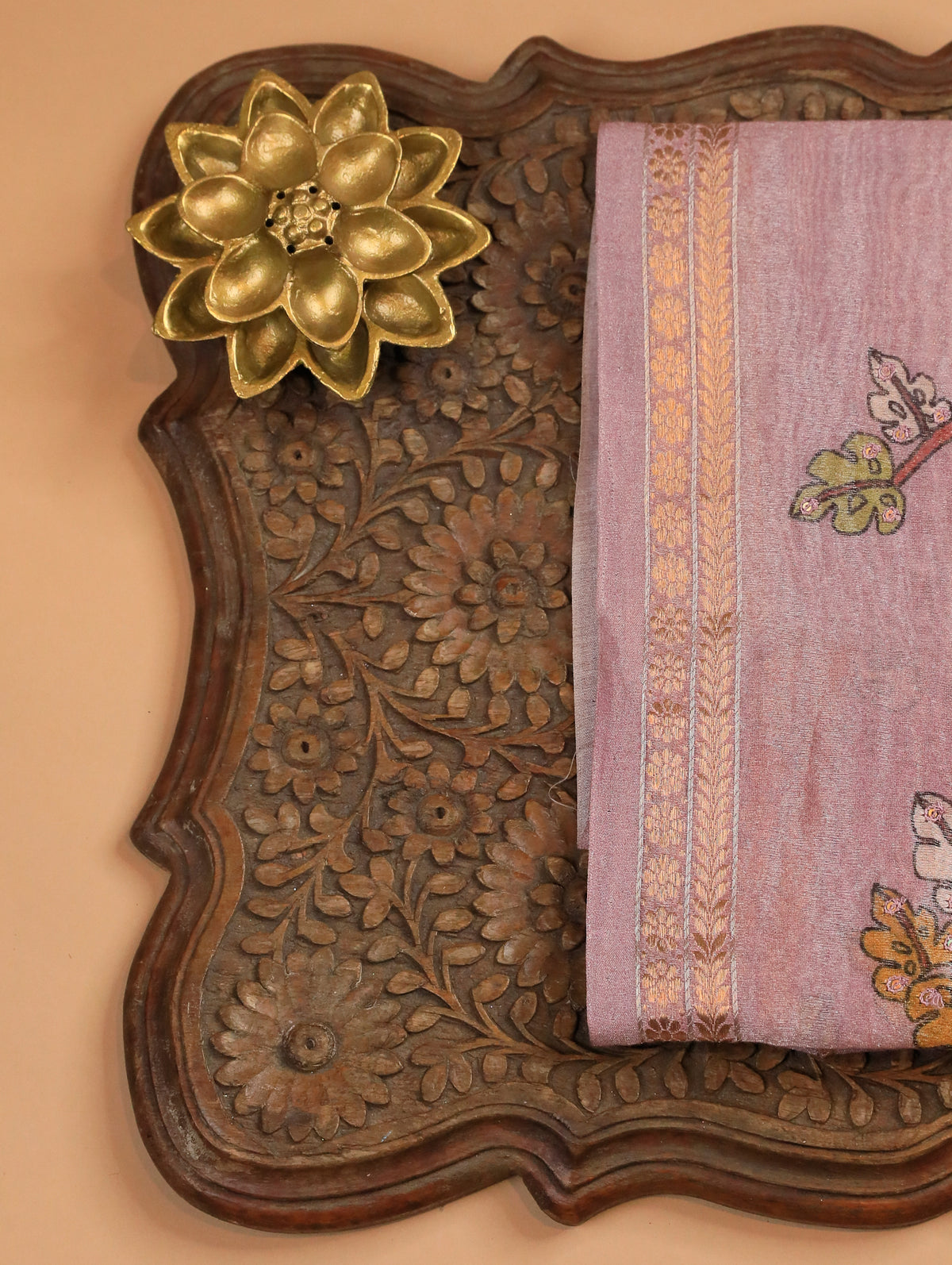 Onion Pink Pure Organza Tissue Silk Saree with Floral Print & Zari Border
