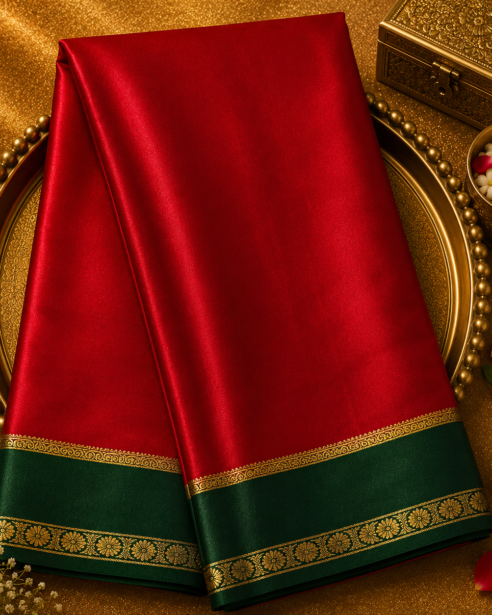 Red Pure Mysore Crepe Silk Saree with Green-Gold Border & Green Blouse