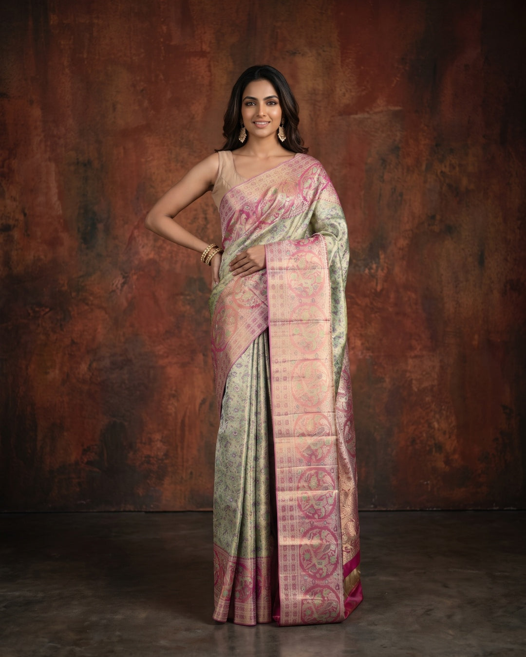 Pista Green Pure Kanjeevaram Tissue Silk Saree with Floral Brocade & Pink Border