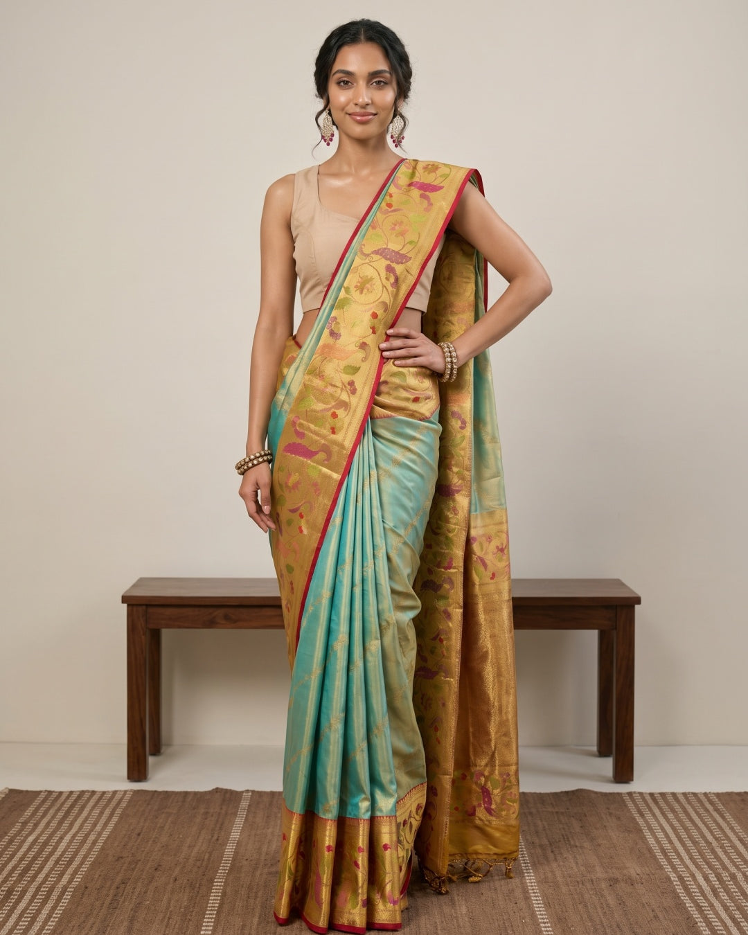 Light Green Pure Kanjeevaram Tissue Silk Saree with Paithani Border - detail