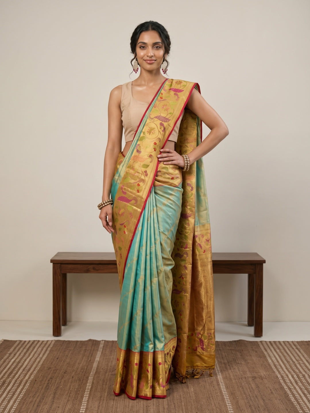 Light Green Pure Kanjeevaram Tissue Silk Saree with Paithani Border - detail