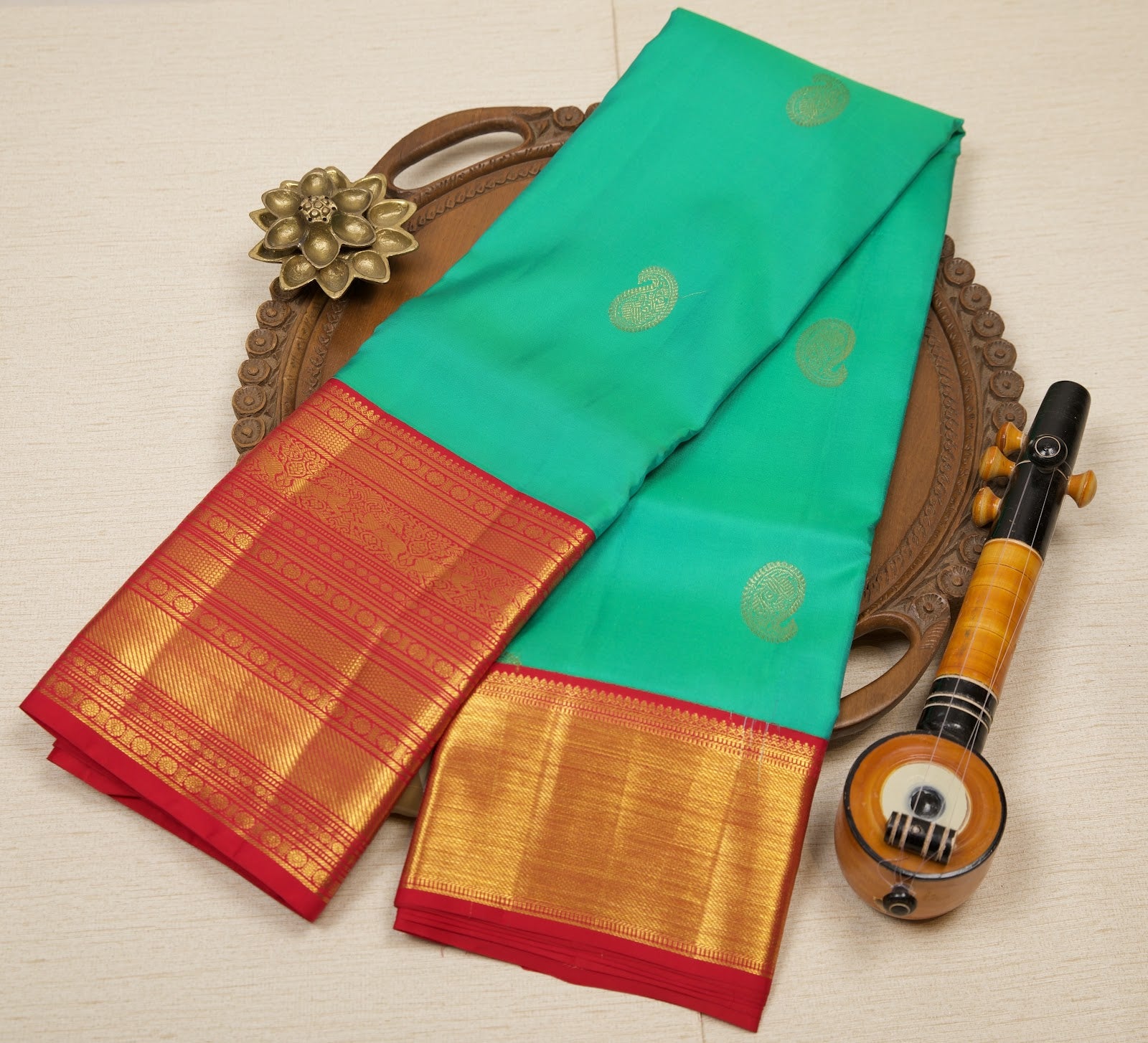 Green-Teal Dual-Tone Pure Kanjeevaram Silk Saree with Mango Motifs & Bright Pink Zari Border