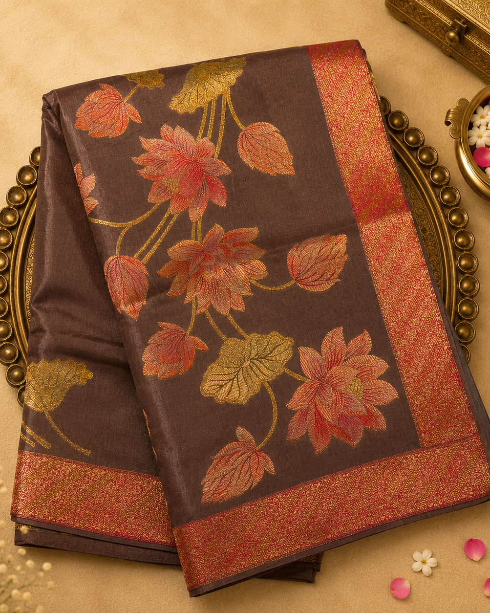 Light Charcoal Brown Pashmina Kari Saree with Red & Gold Zari Border