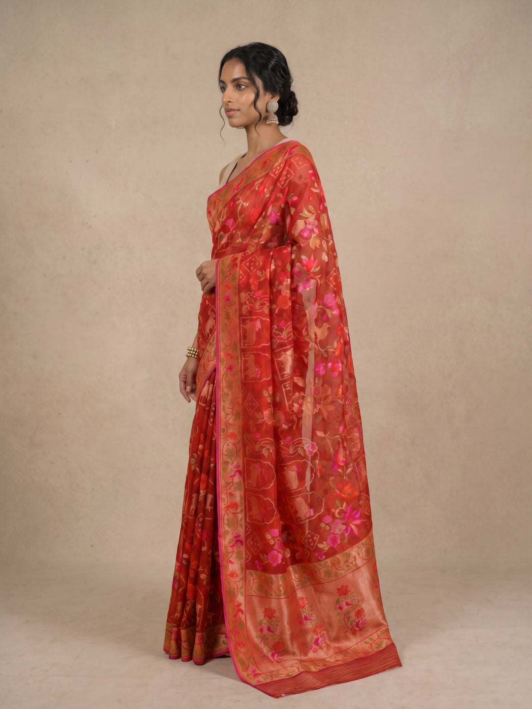 Multi Pastel Pure Banarasi Tissue Brocade Silk Saree with Gold Zari Motifs