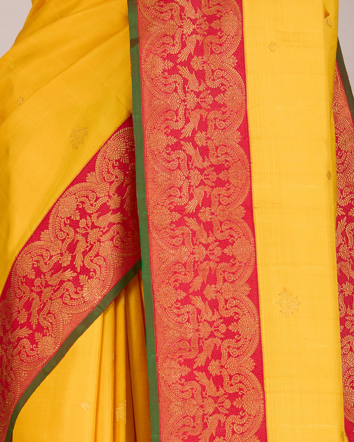 Yellow Pure Kanjeevaram Silk Saree with Gold Zari Motifs & Red Border - detail