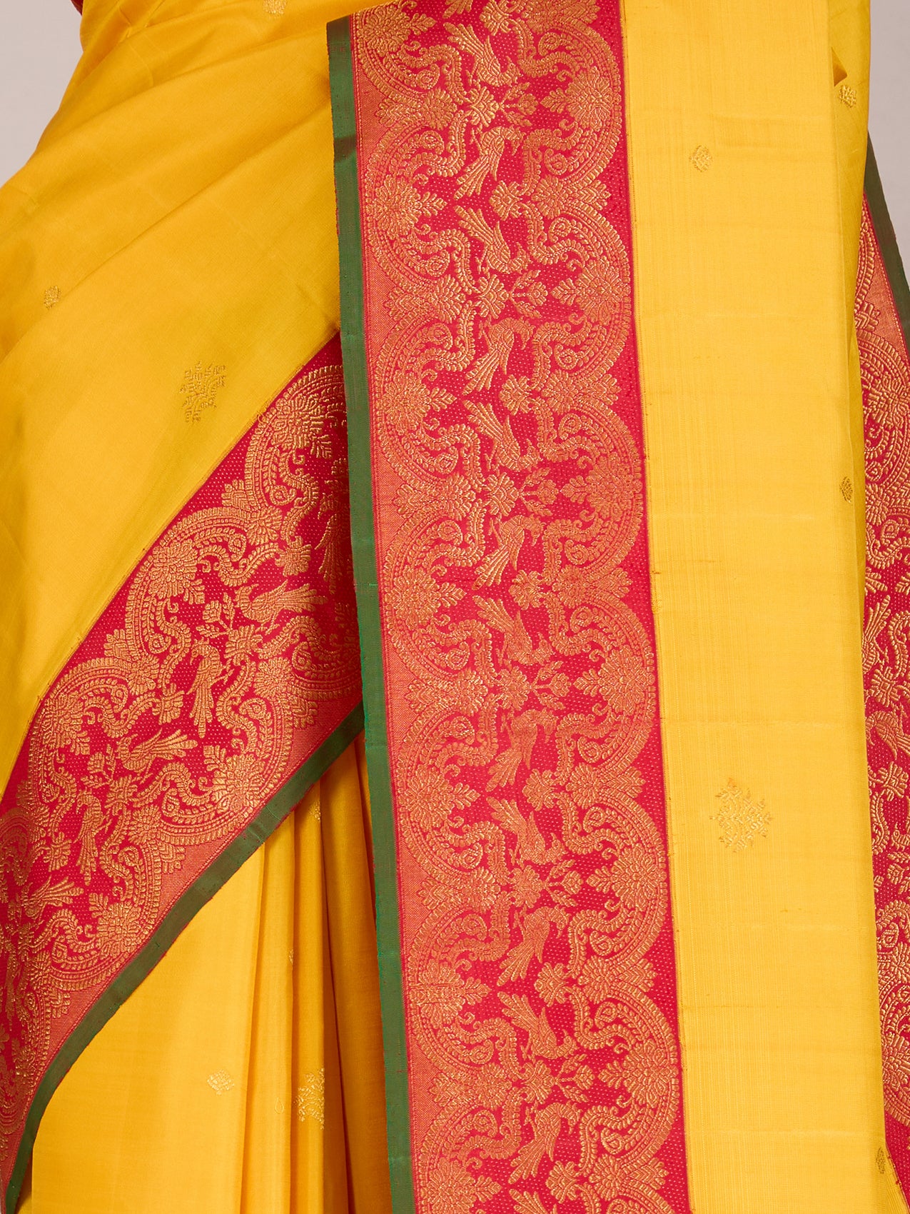 Yellow Pure Kanjeevaram Silk Saree with Gold Zari Motifs & Red Border - detail