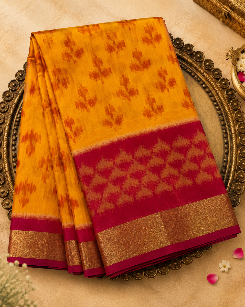 Yellow Pure Ikat Handloom Cotton Silk Saree with Pink Contrast Border