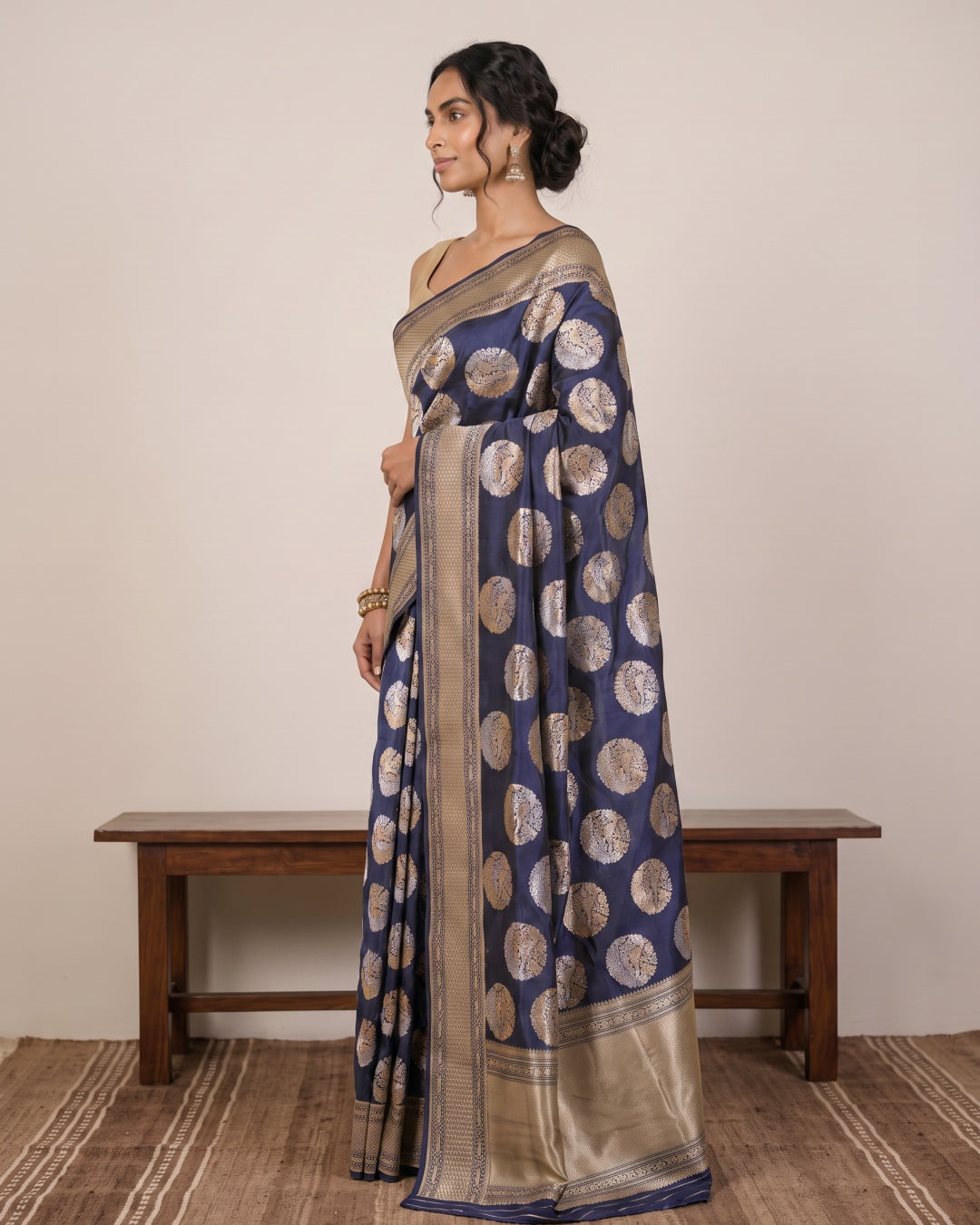 Dark Navy Blue Pure Banarasi Silk Saree with Zari Motifs & Gold Border