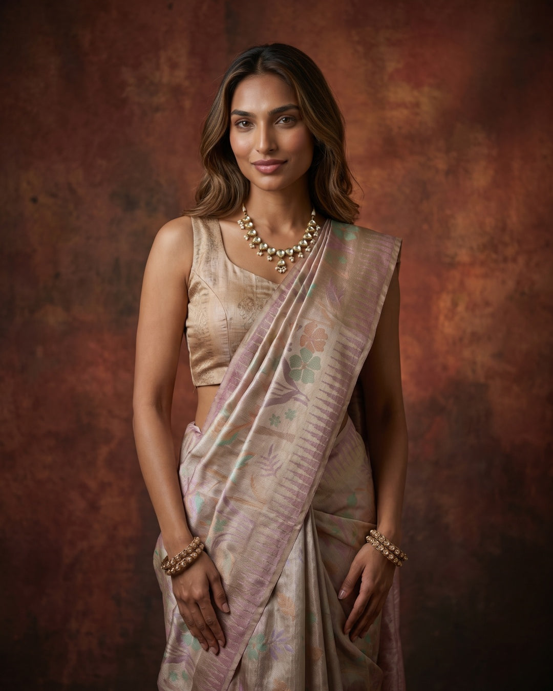 Golden Pure Kanjeevaram Tissue Saree with Floral Weave & Pink Border - detail