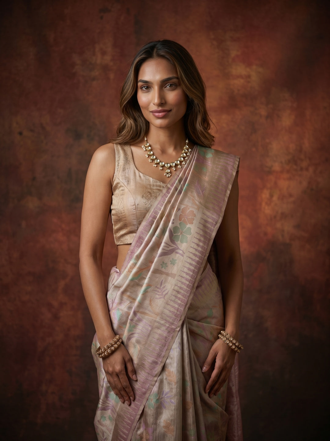 Golden Pure Kanjeevaram Tissue Saree with Floral Weave & Pink Border - detail