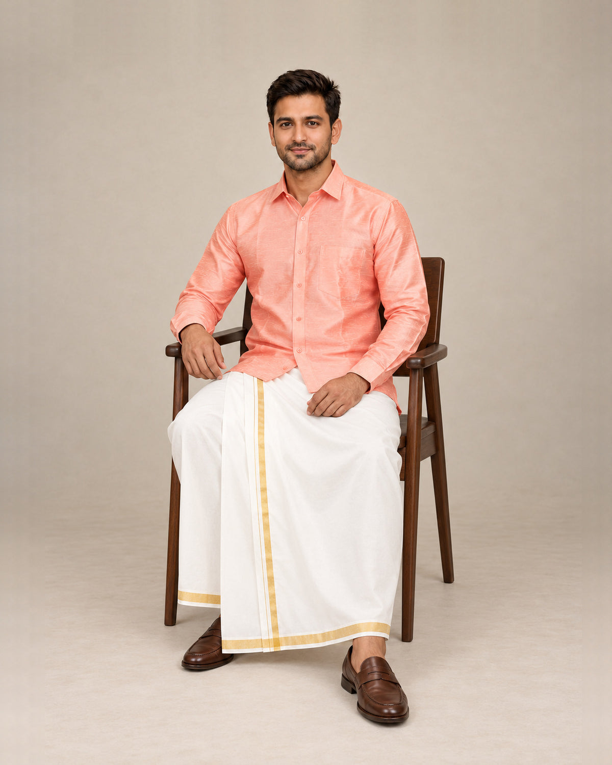 Light Peach Plain Raw Silk Shirt