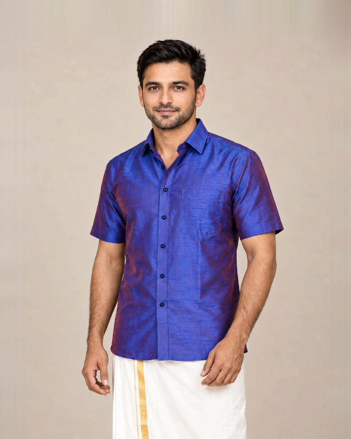 Purple and Dark Blue Dual-Tone Plain Raw Silk Shirt