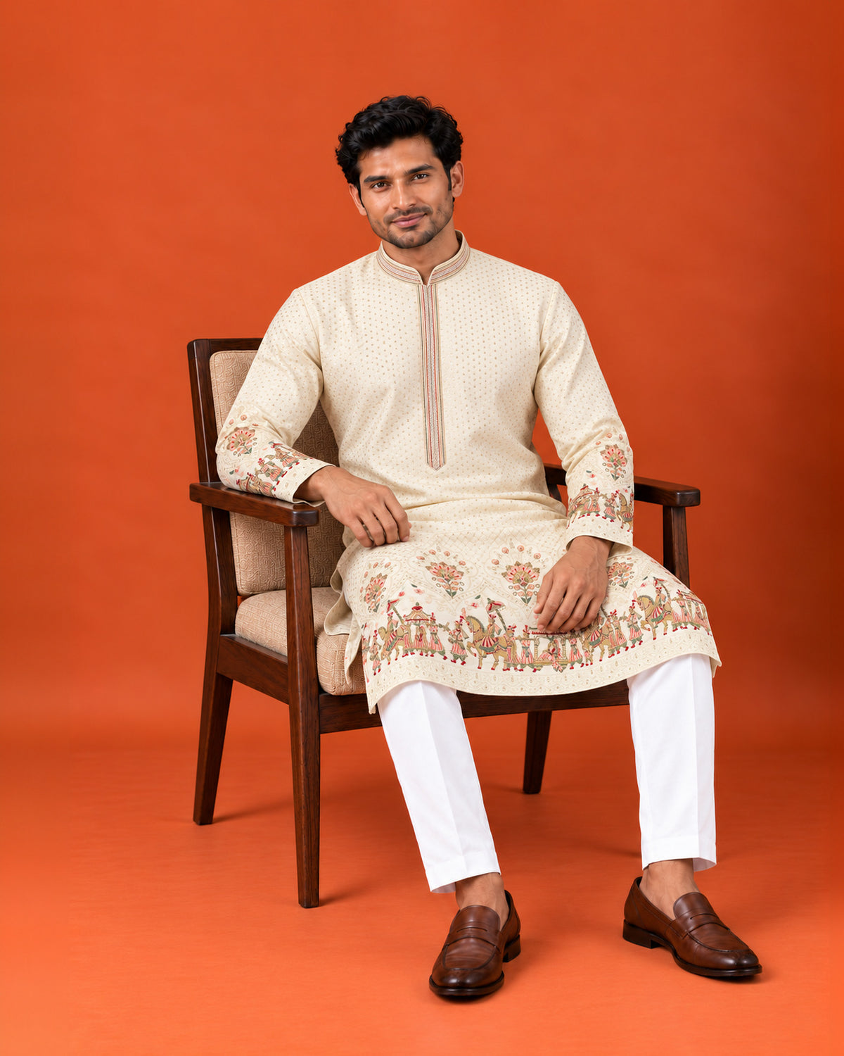 Off-White Silk Embroidered Sequin Kurta with White Pants