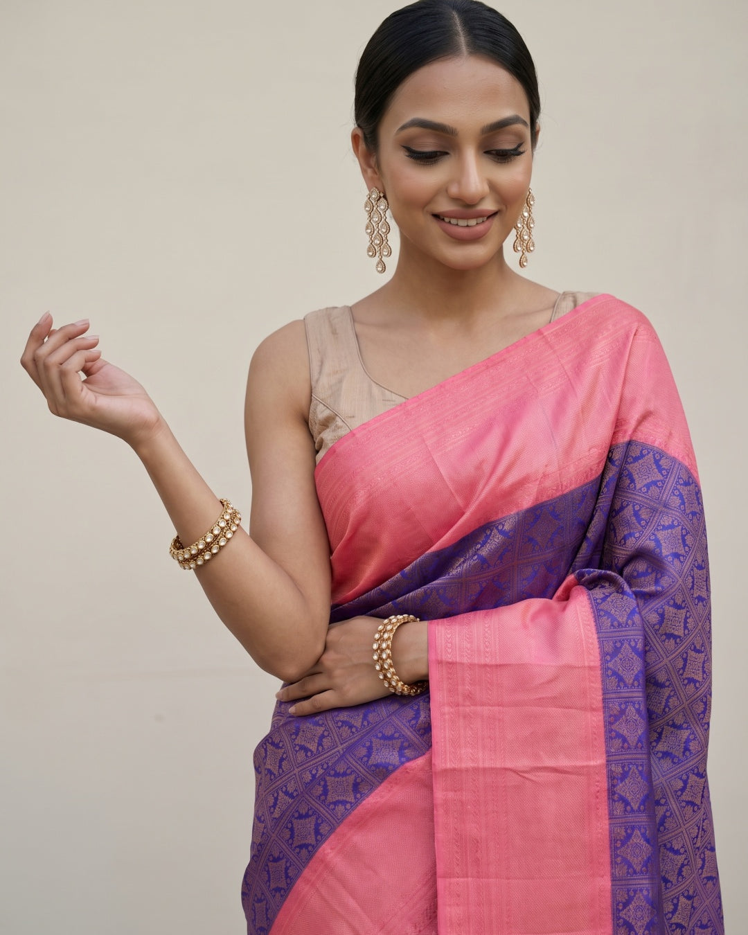 Bright Purple Pure Kanjeevaram Silk Saree with Brocade & Peach Zari Border - detail