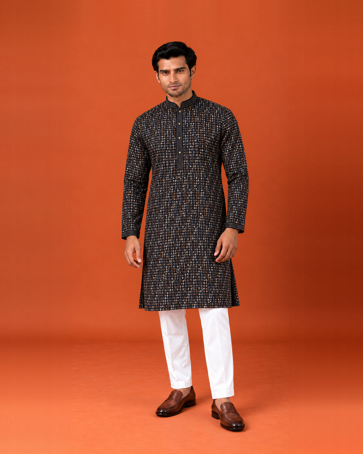 Navy Blue Georgette Kurta with Thread Embroidery & White Pants
