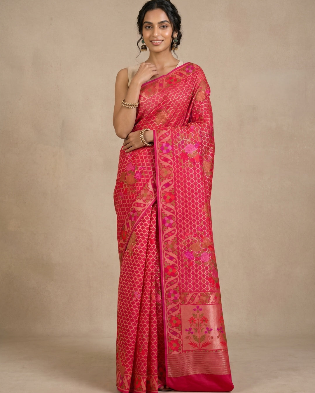 Bright Pink Pure Kora Silk Saree with Jamdani Weave & Border