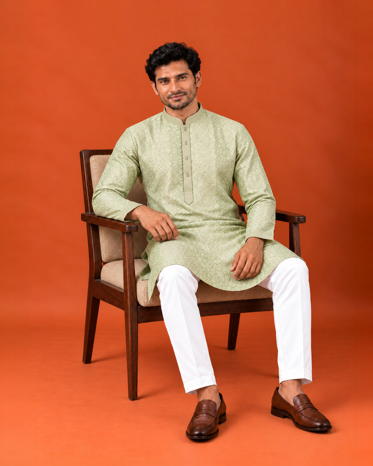 Pastel Green Self-Embroidered Kurta with Off-White Pants