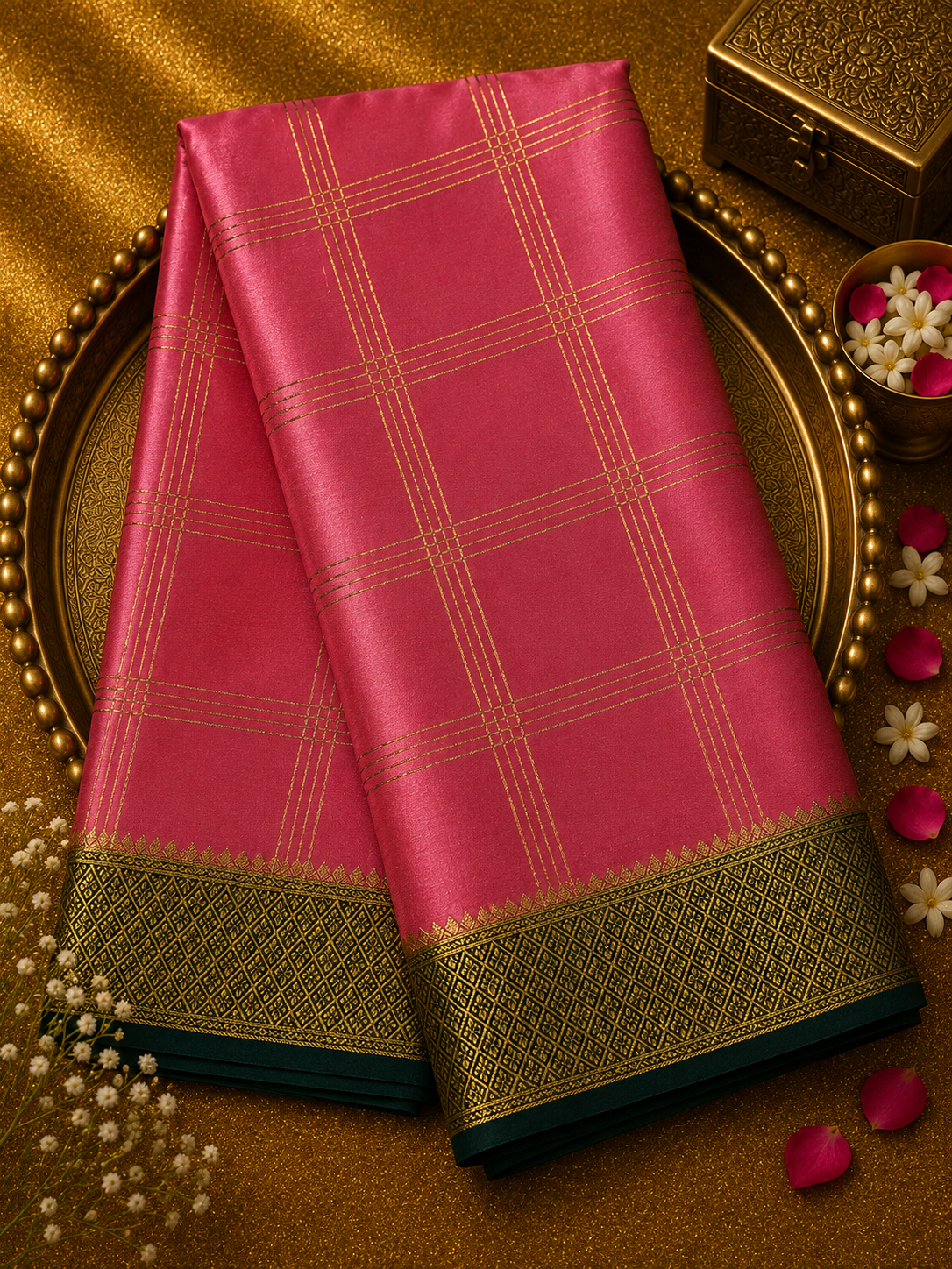 Light Pink Pure Mysore Crepe Silk Saree with Zari Checks