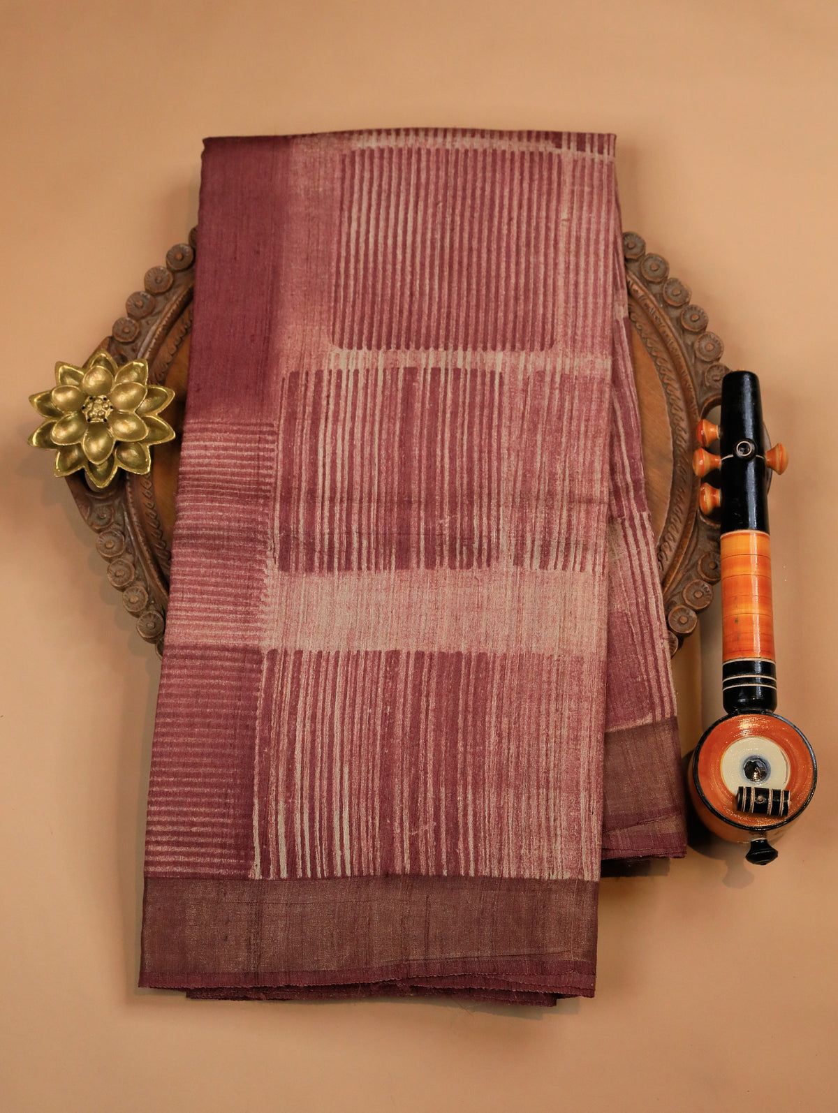 Onion Pink-Beige Pure Tussar Silk Saree with Abstract Print & Zari Border