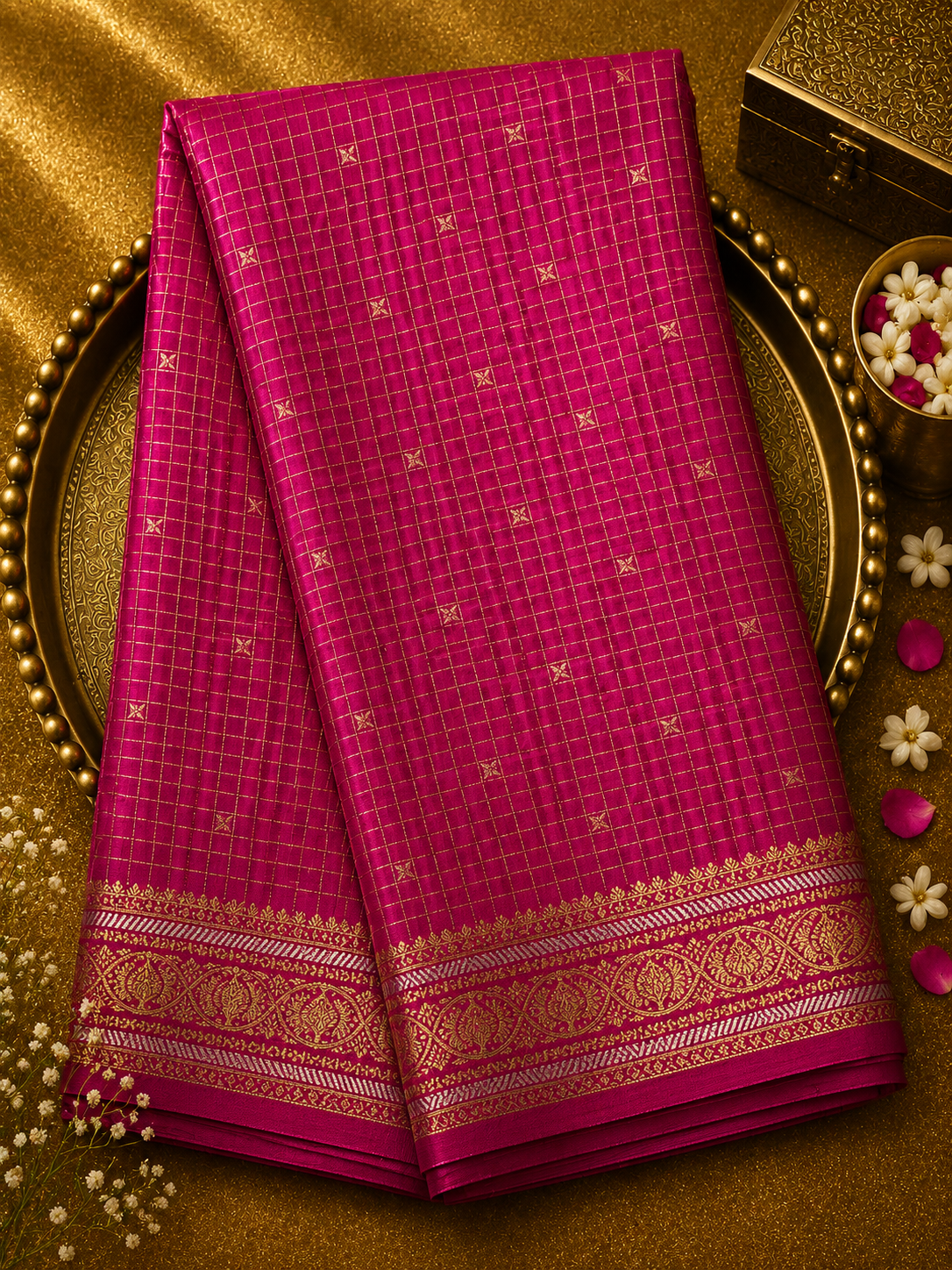 Magenta Pink Pure Mysore Crepe Silk Saree with Zari Checks
