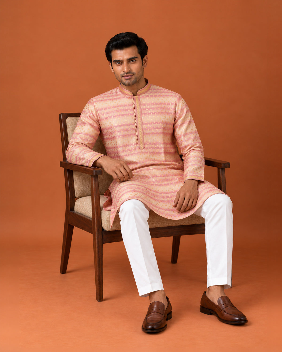 Peach Pink Silk Kurta with Gold Buttas & White Pants