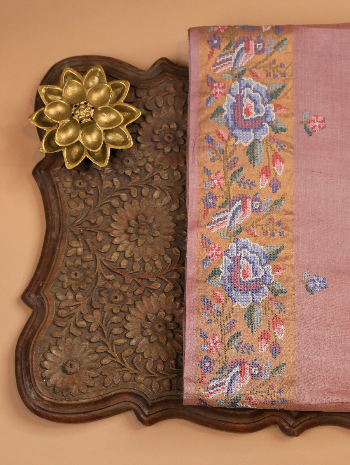 Onion Pink Pure Munga Tussar Silk Saree with Buttas & Cross-Stitch Border