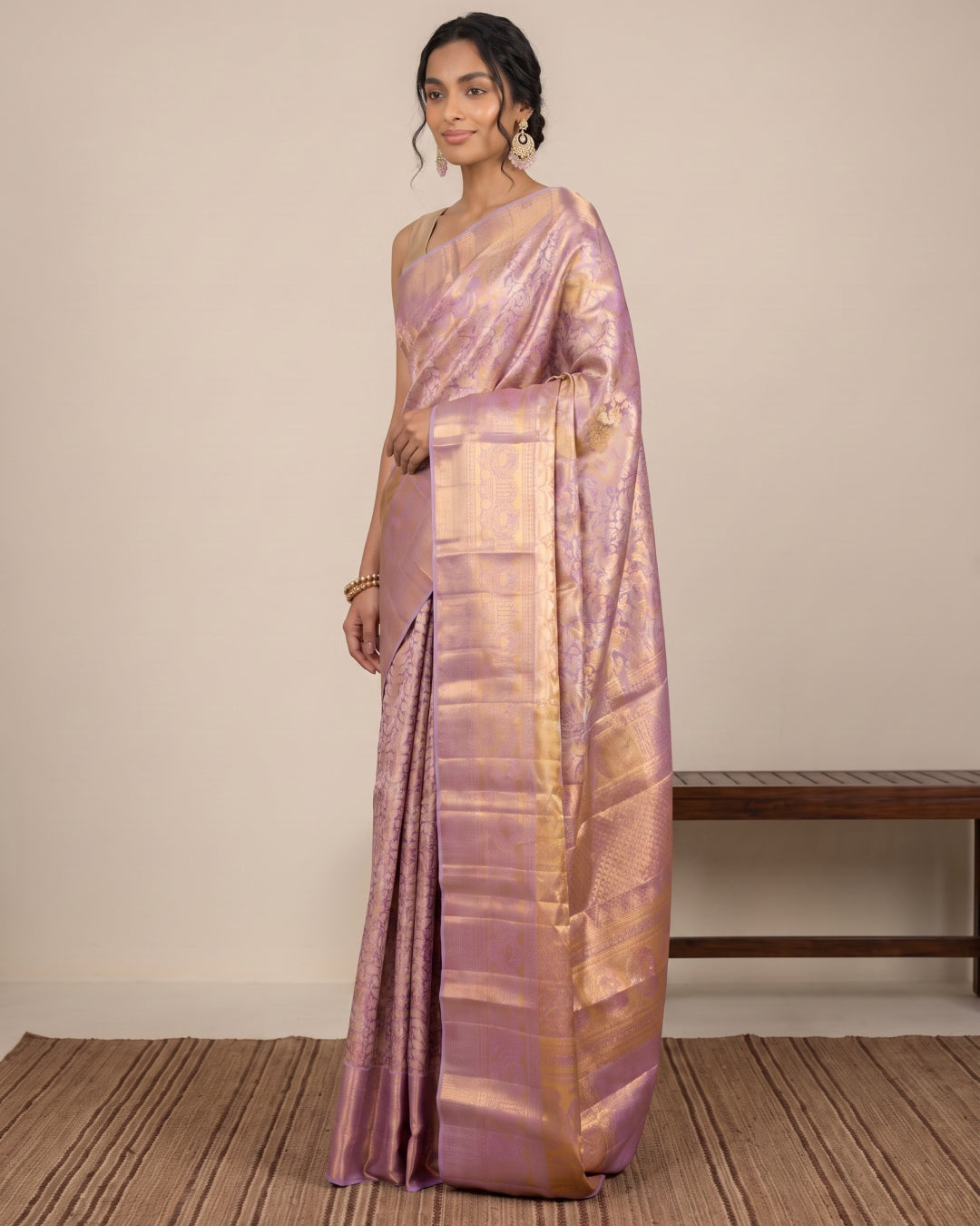 Gold & Lavender Dual-Tone Kanjeevaram Silk Saree with Brocade Weave