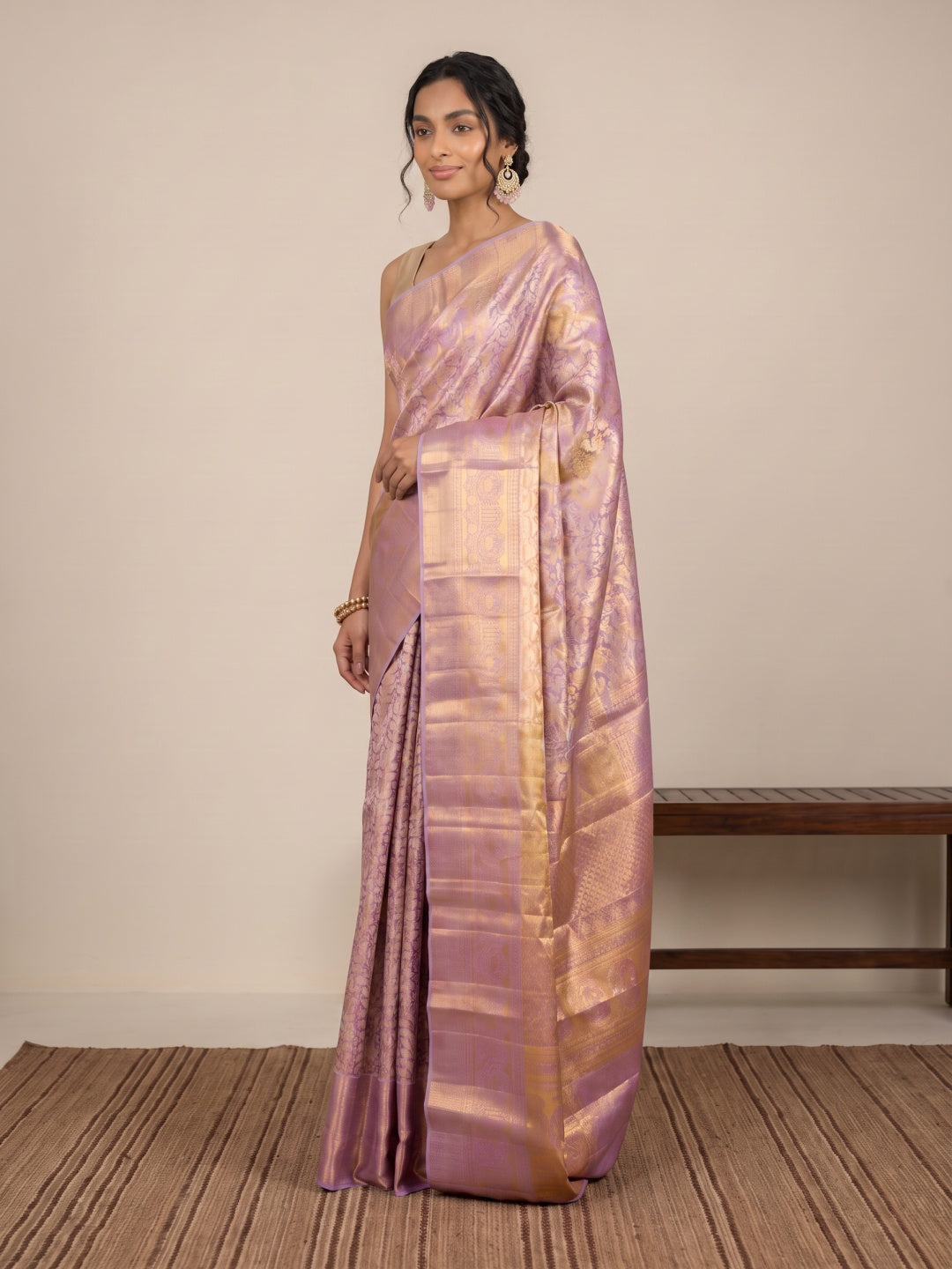 Gold & Lavender Dual-Tone Kanjeevaram Silk Saree with Brocade Weave