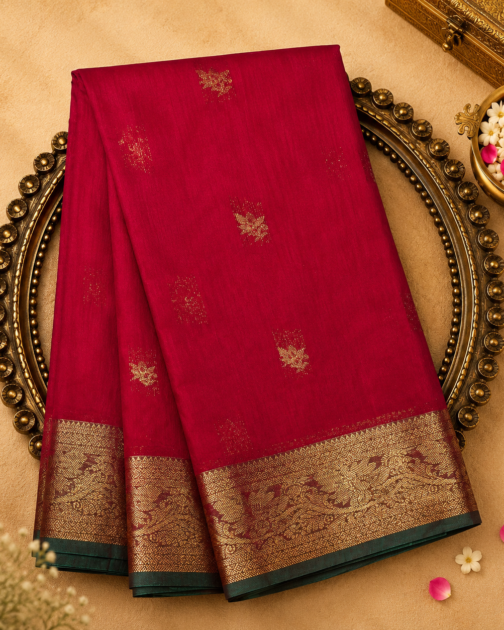 Bright Pink Pure Silk Cotton Saree with Gold Zari Floral Border & Buttas