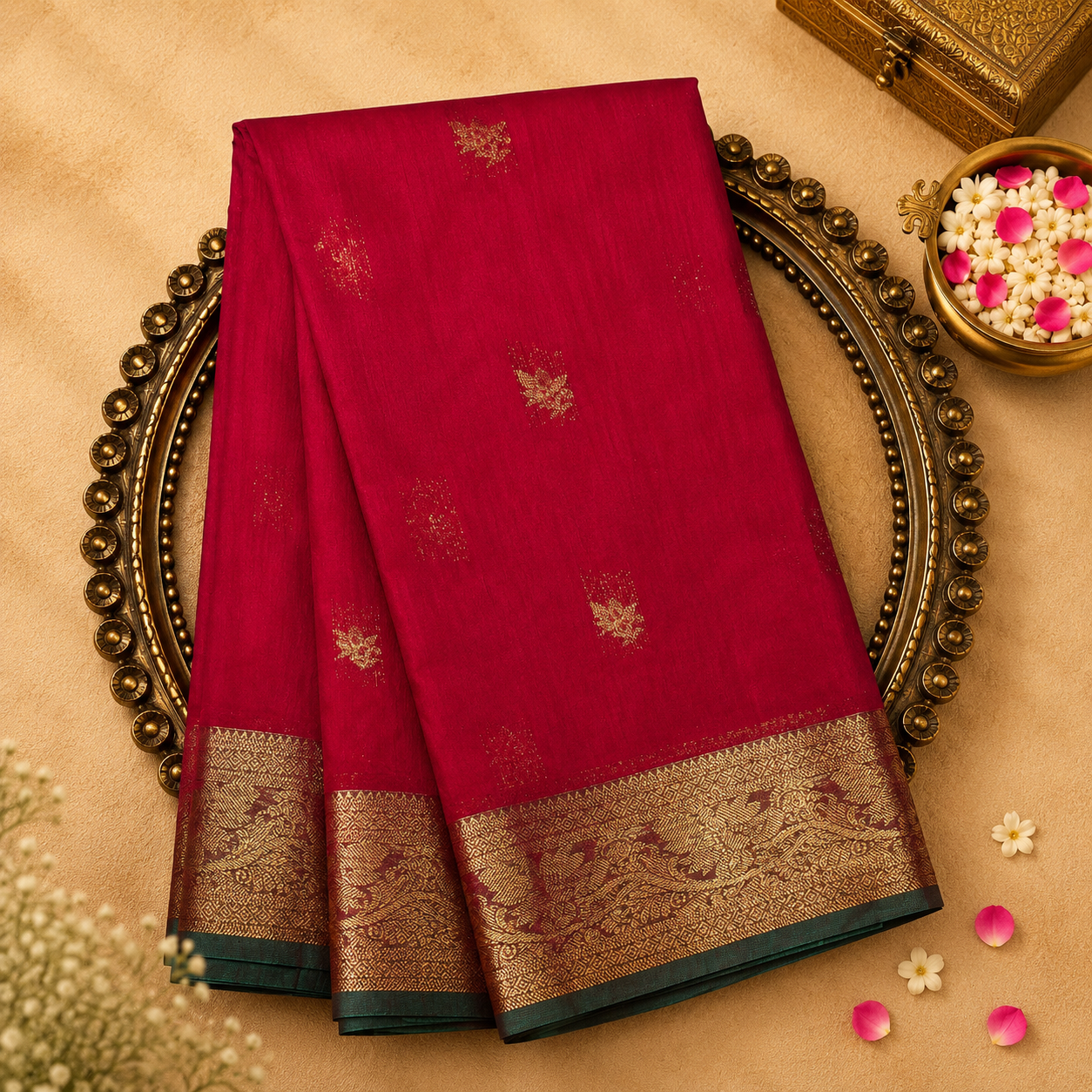 Bright Pink Pure Silk Cotton Saree with Gold Zari Floral Border & Buttas
