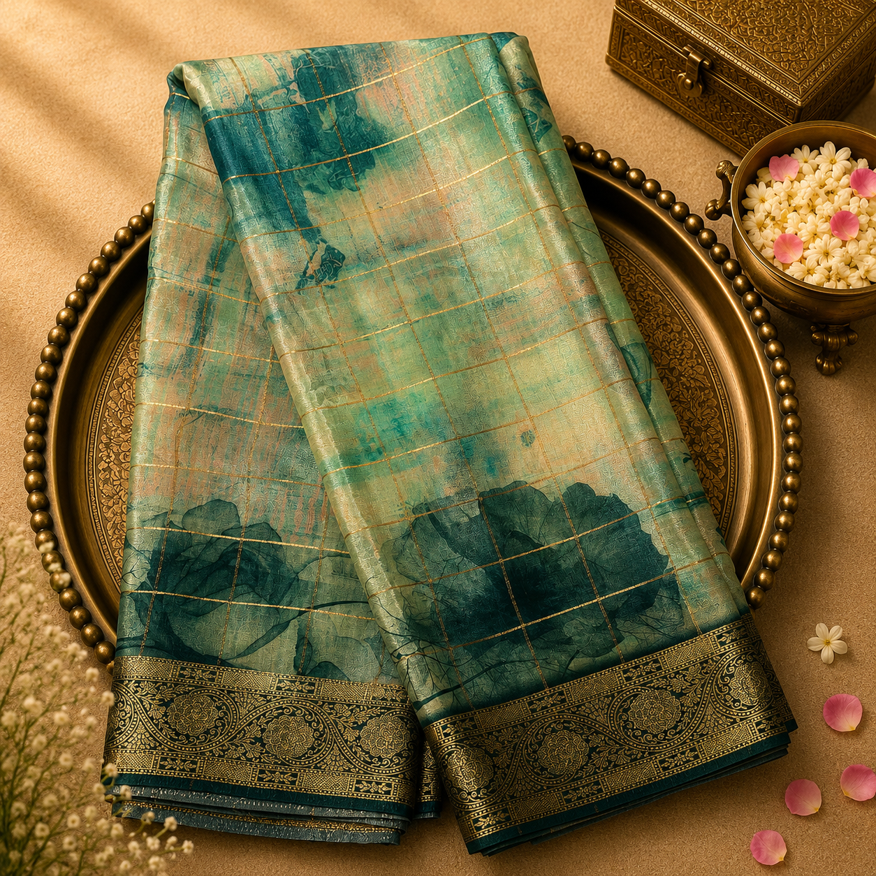 Green Crepe Georgette Saree with Floral Digital Print & Gold Zari Lines