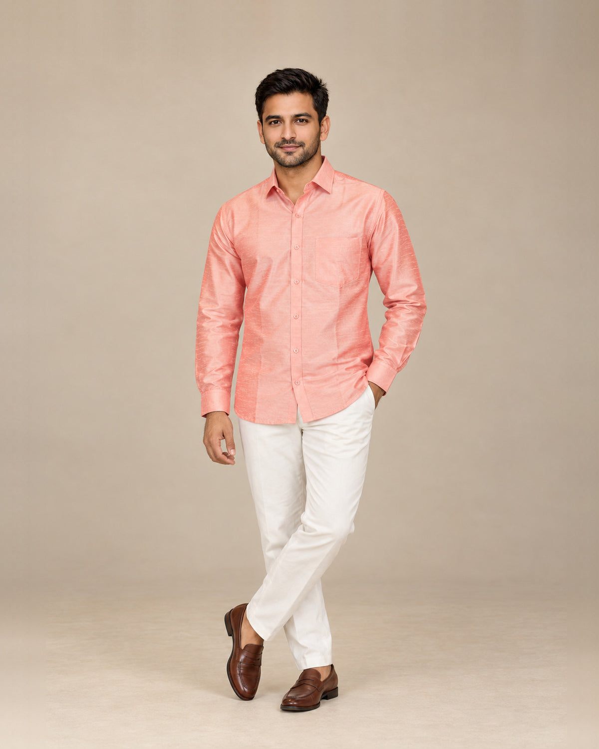 Peach Plain Raw Silk Shirt