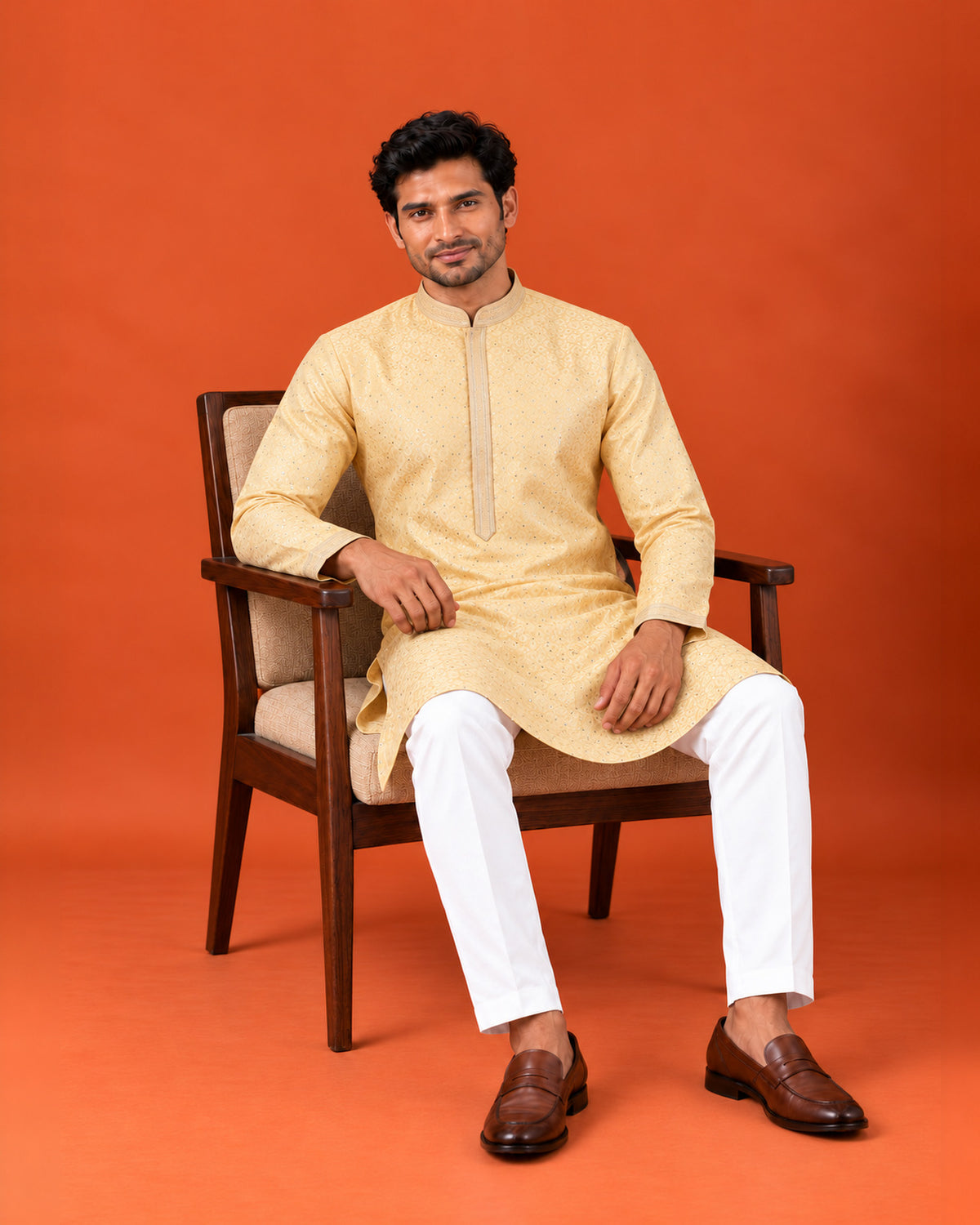 Yellowish Cream Embroidered Kurta with White Pants