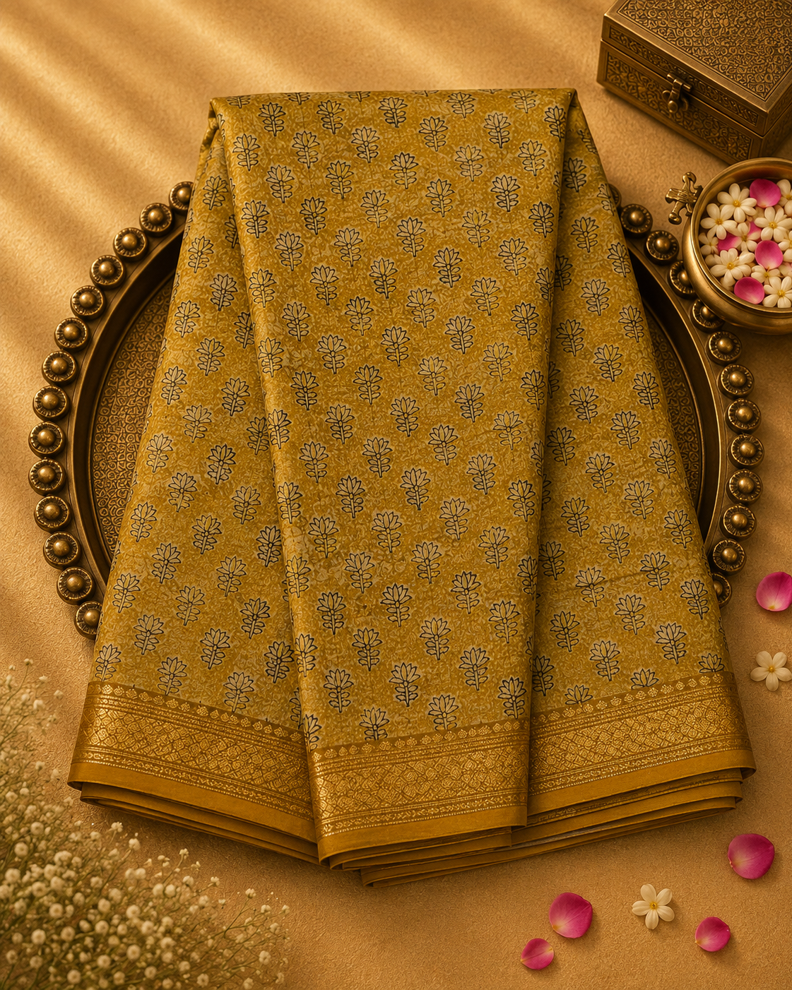Mustard Yellow Maheshwari Cotton Saree with Block Print & Zari Border