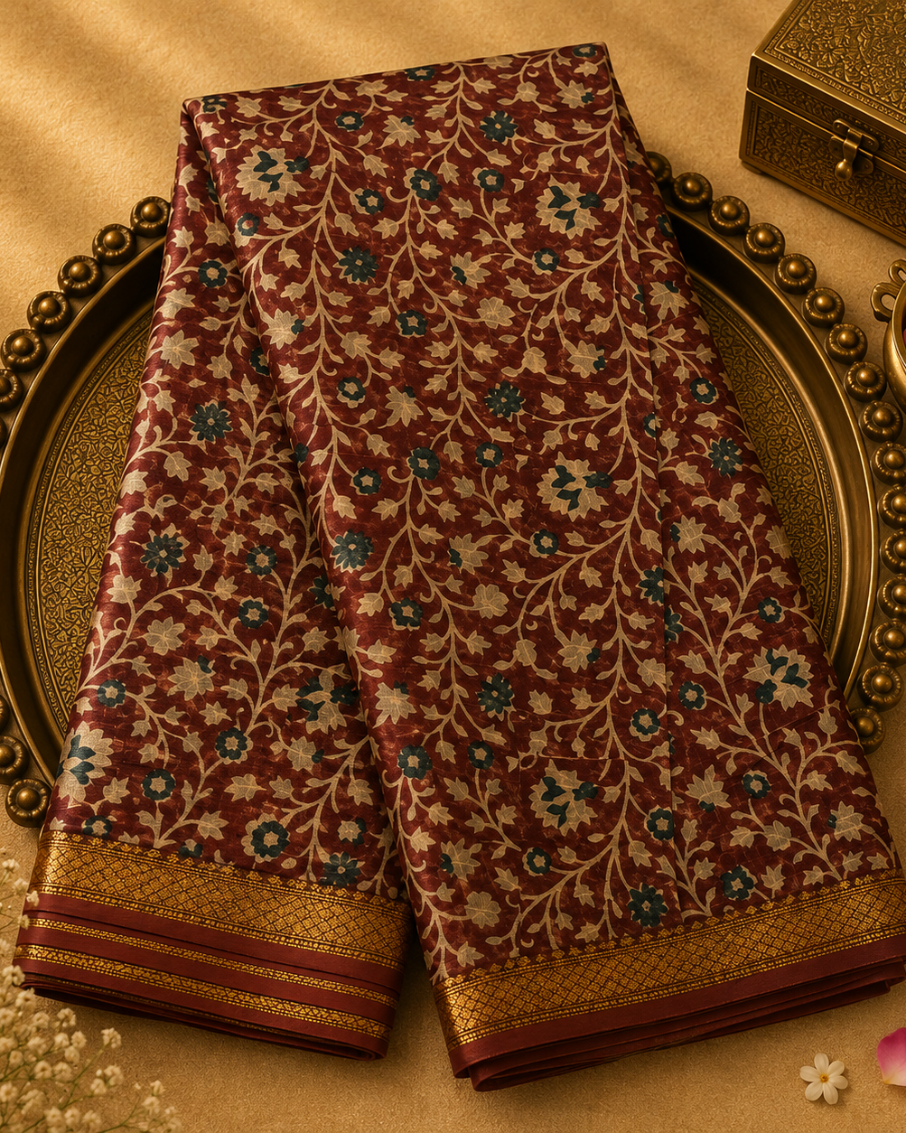 Brown Chanderi Silk Saree with Floral Print