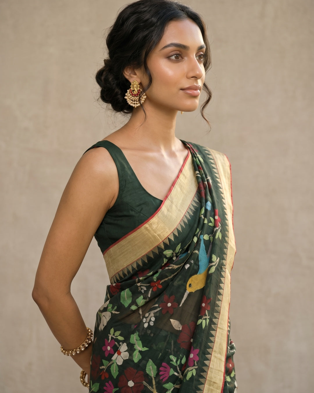 Bottle Green Pure Khaddi Saree with Meenakari Jamdani & Gold Border - detail