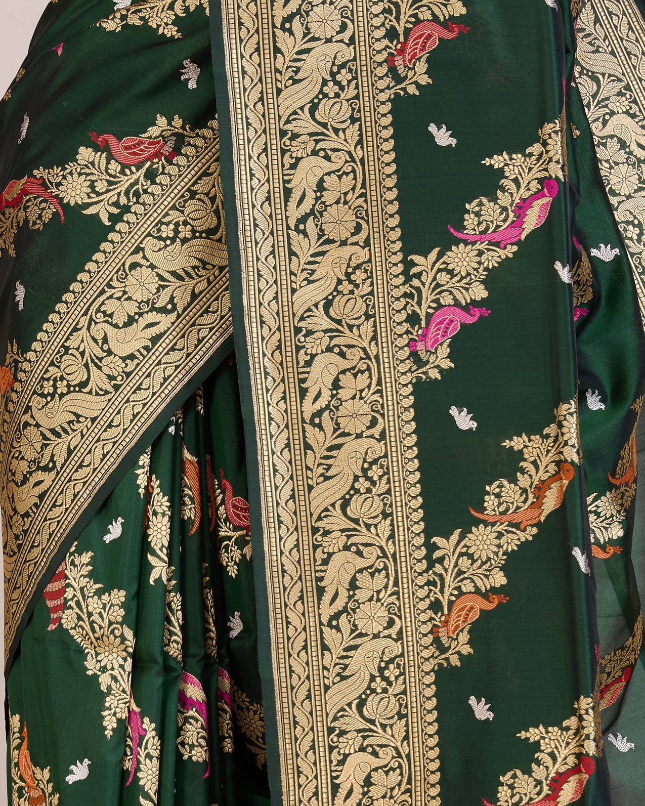 Bottle Green Pure Banarasi Silk Saree with Meenakari Birds & Peacock Border - detail