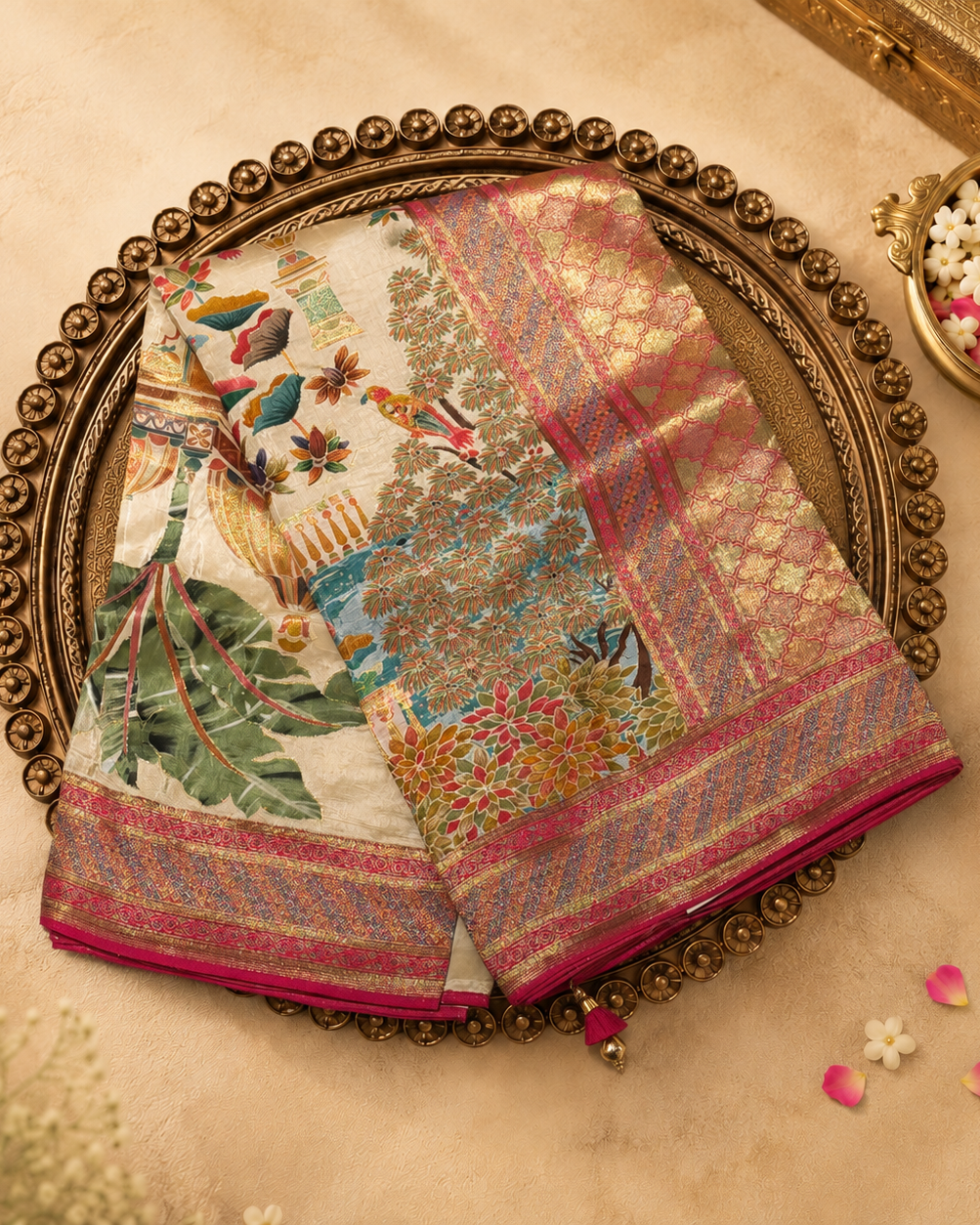 Beige Semi Pashmina Silk Saree with Meenakari Florals & Animal Motifs