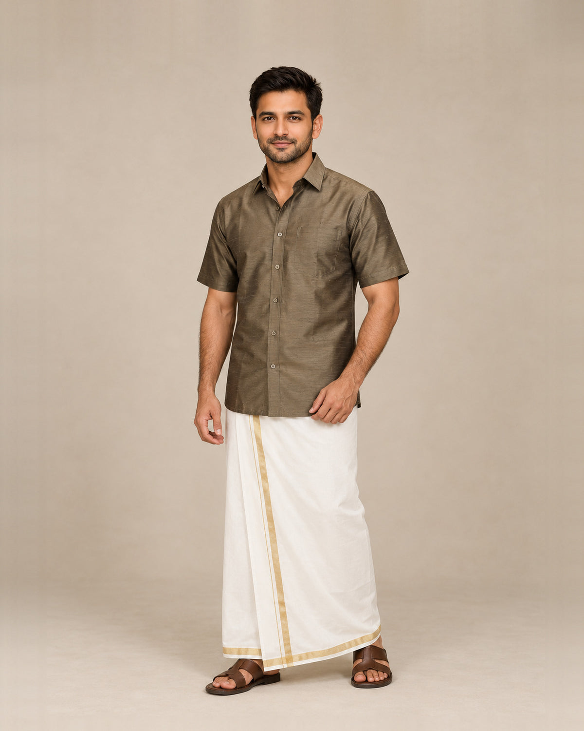 Khaki Brown Plain Raw Silk Shirt