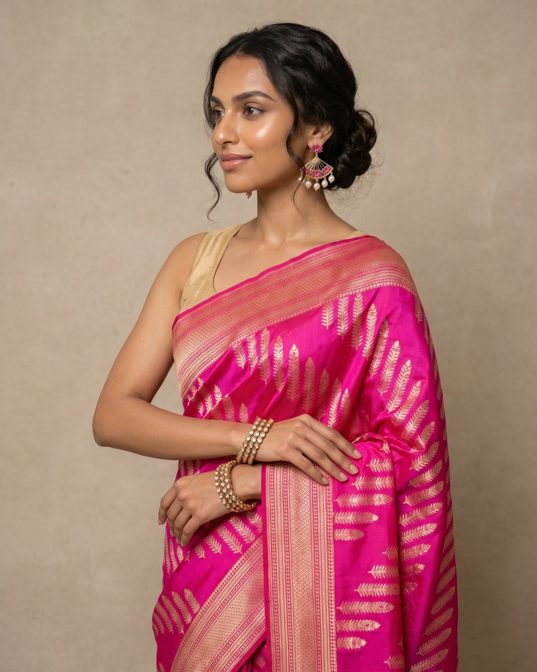 Bright Pink Pure Banarasi Silk Saree with Gold & Silver Diagonal Motifs - detail