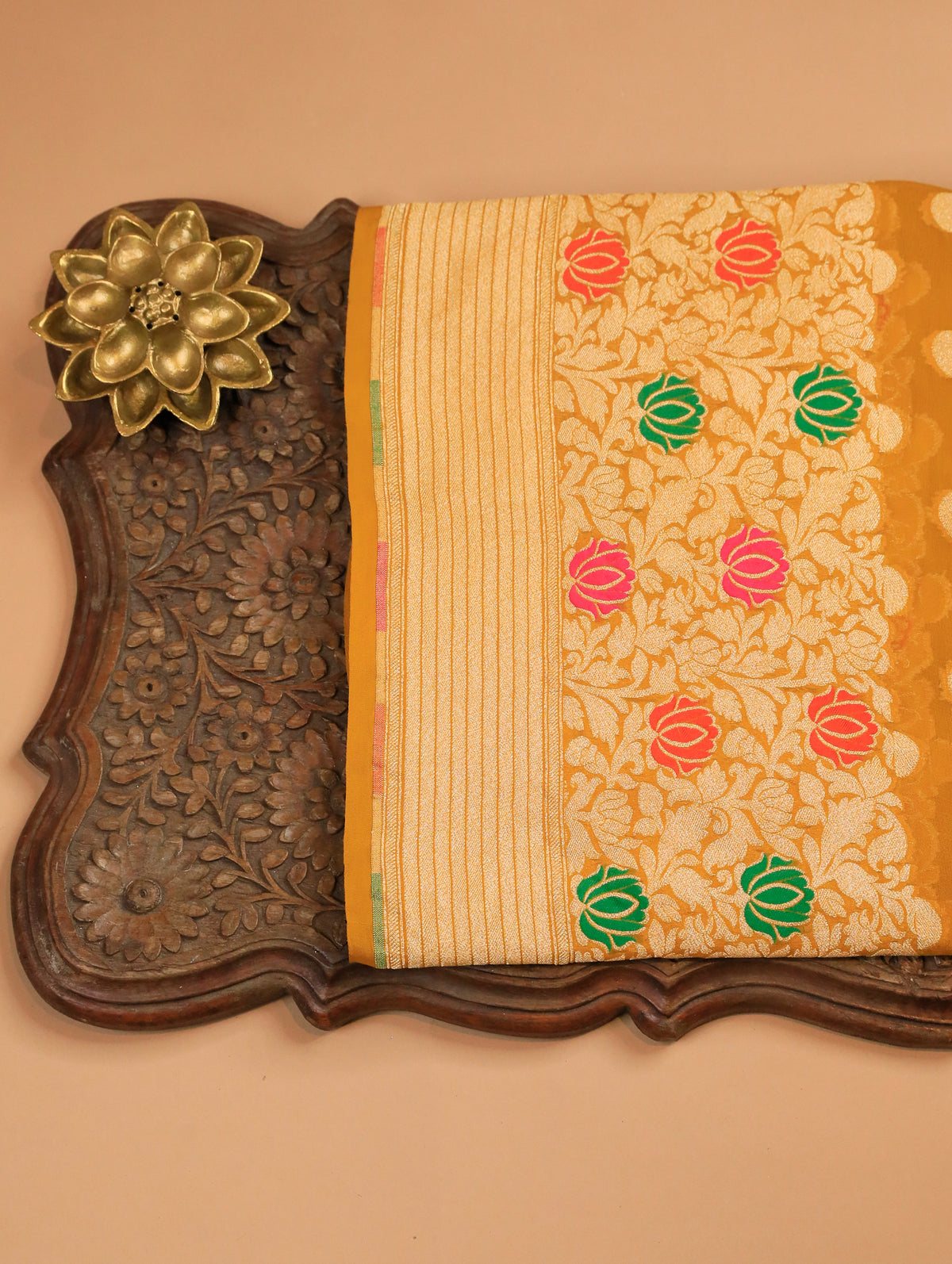 Dusky Yellow Pure Banarasi Georgette Saree with Dotted Buttas & Floral Border