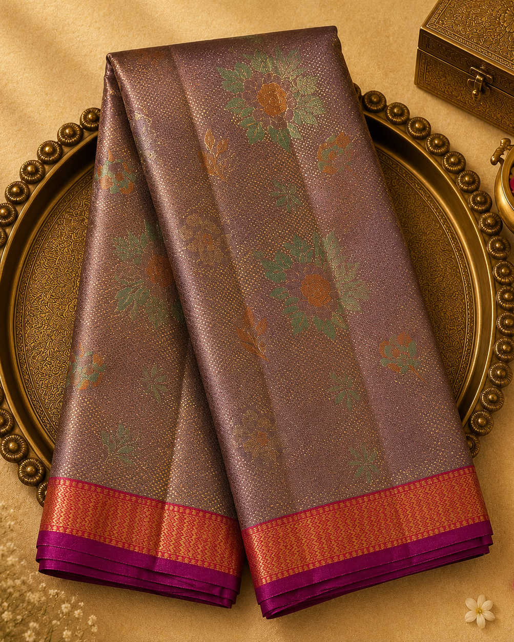 Onion Pink Kanchivaram Pure Brocade Silk Saree with Orange Meenakari Border