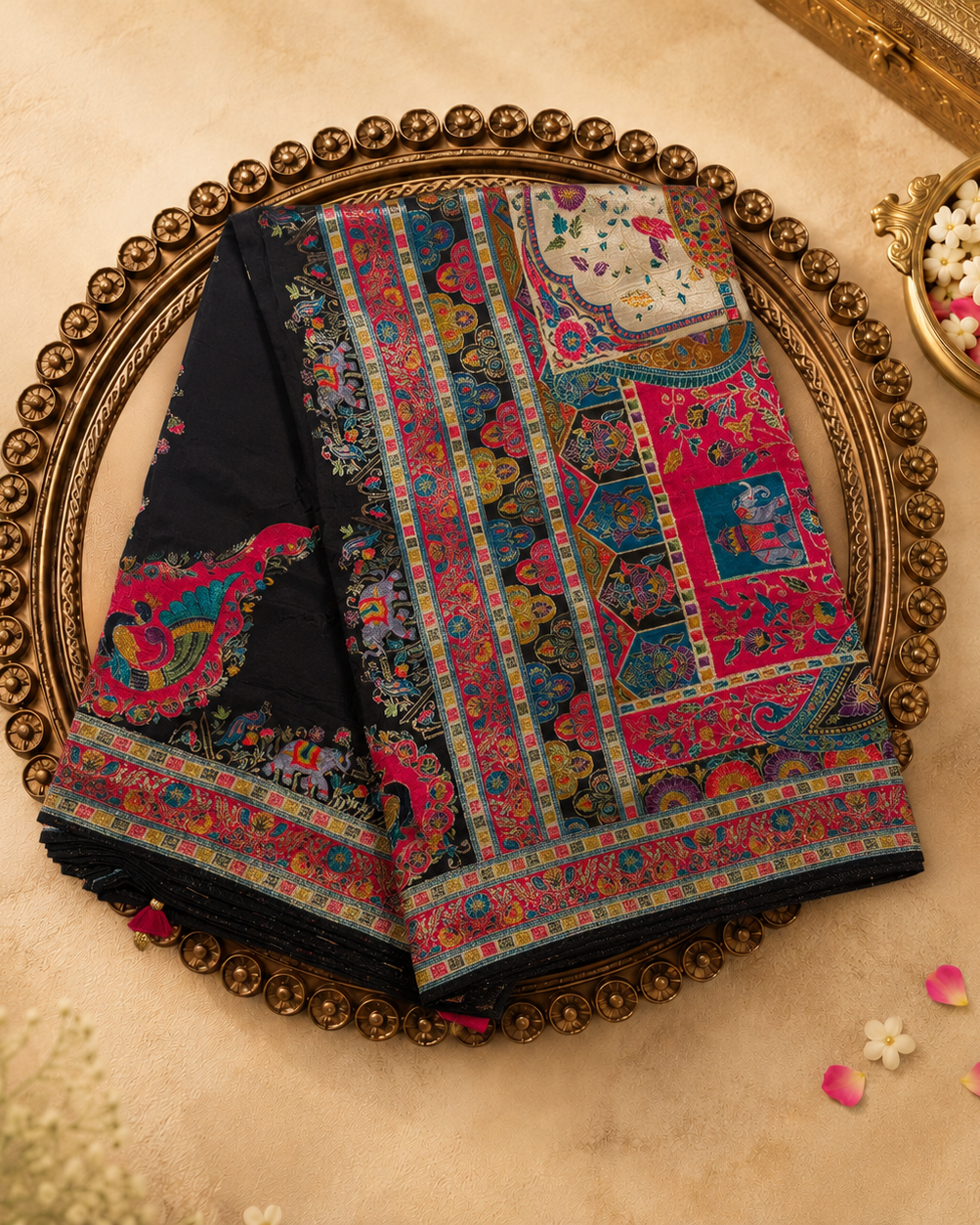 Black Semi Pashmina Silk Saree with Meenakari Animal Border & Pink Butti Blouse