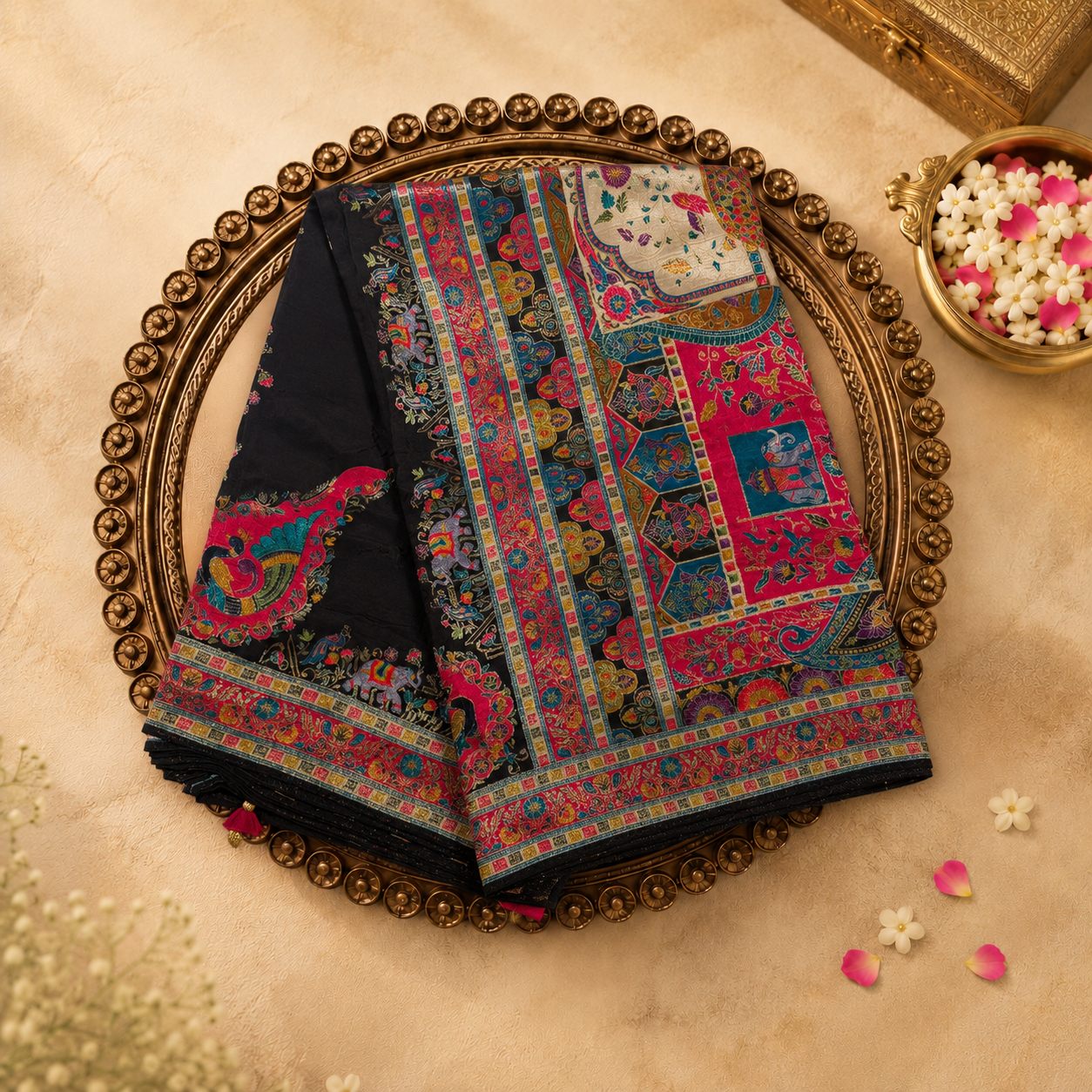 Black Semi Pashmina Silk Saree with Meenakari Animal Border & Pink Butti Blouse