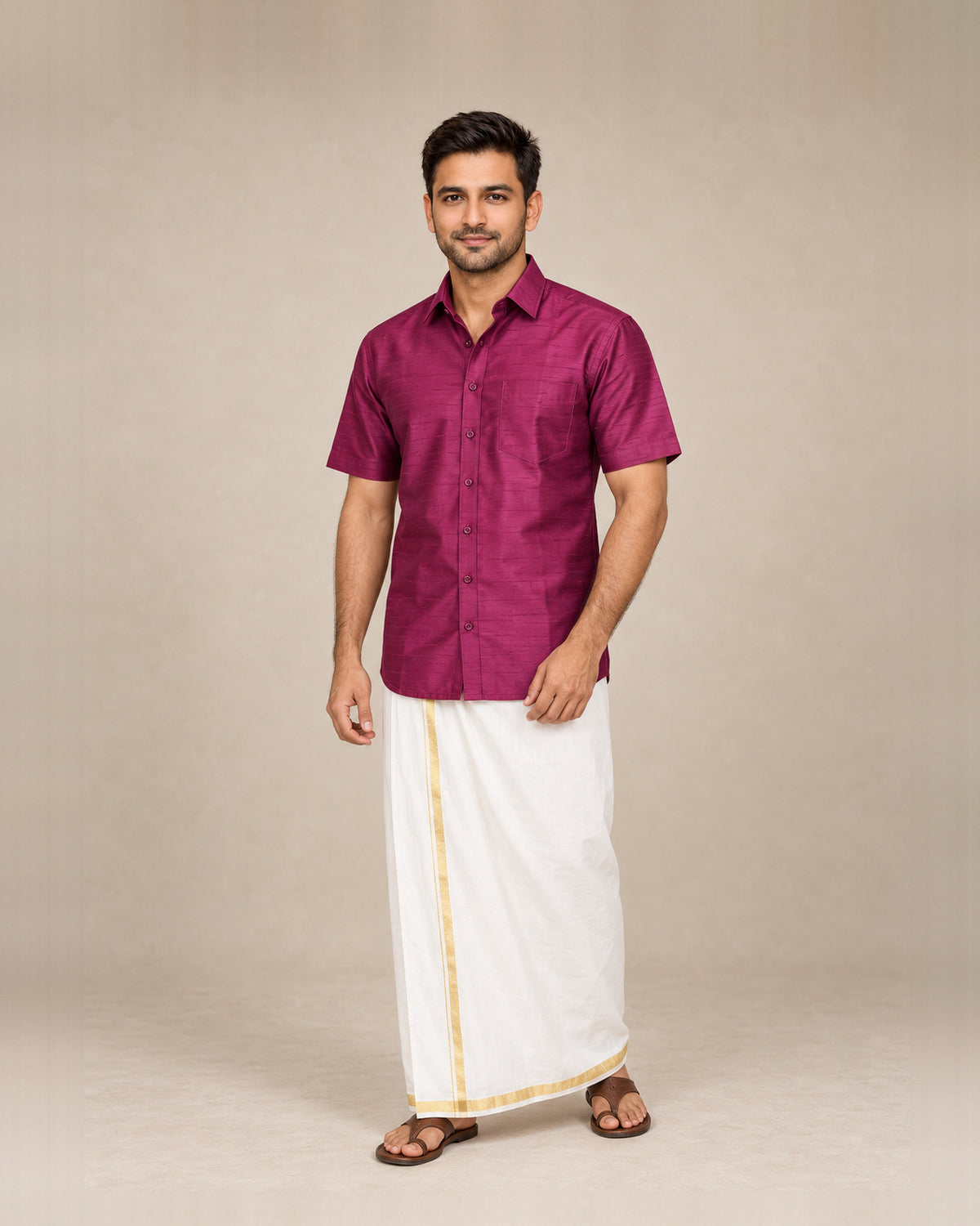 Dark Magenta Plain Raw Silk Shirt