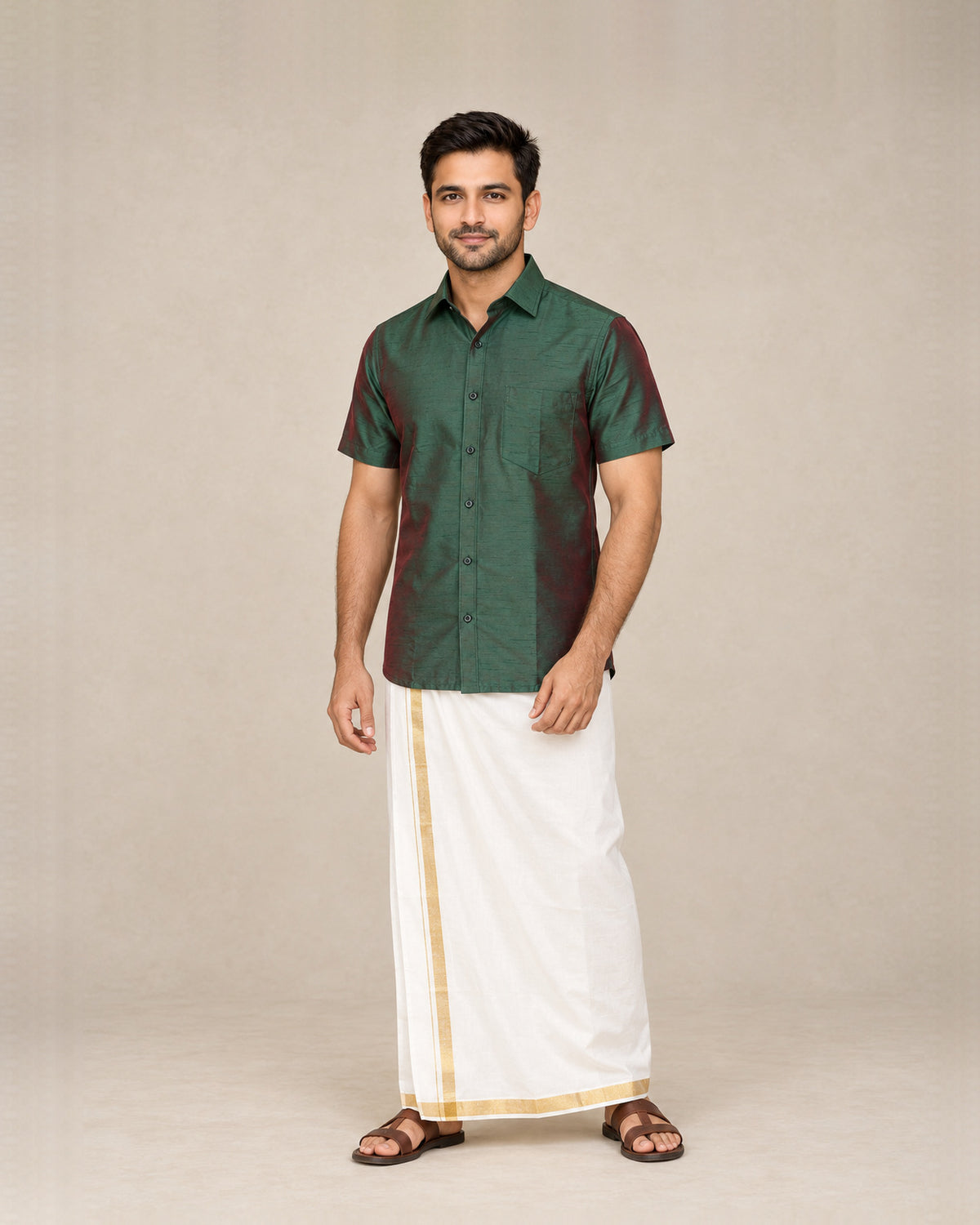 Dark Green Plain Raw Silk Shirt